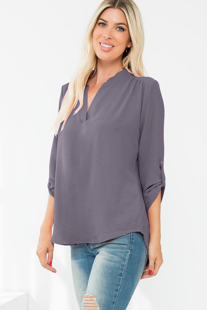 Notch Neckline 3/4 Folded Sleeve Solid Top