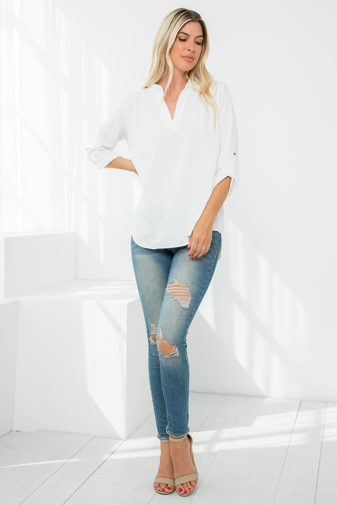 Notch Neckline 3/4 Folded Sleeve Solid Top