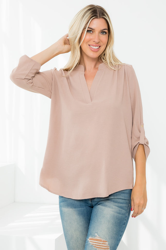 Notch Neckline 3/4 Folded Sleeve Solid Top