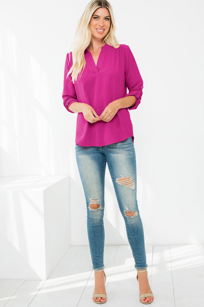 Notch Neckline 3/4 Folded Sleeve Solid Top