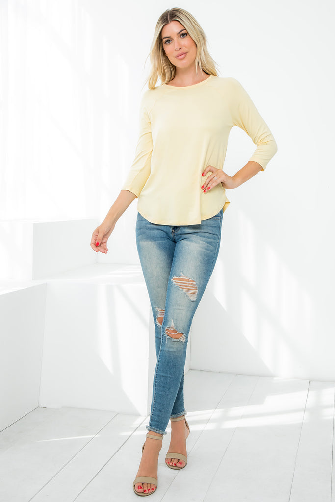 3/4 Sleeve Round Hem Solid Top