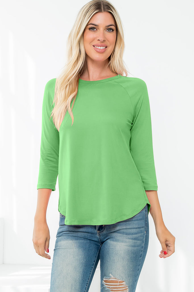 3/4 Sleeve Round Hem Solid Top