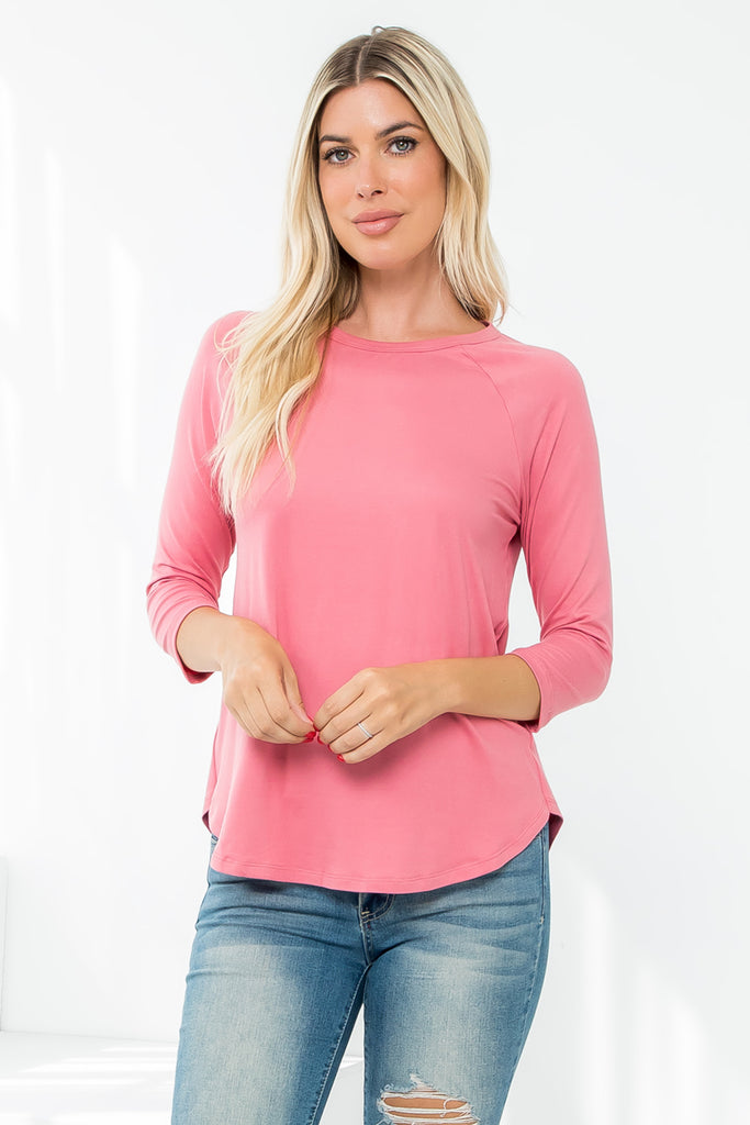 3/4 Sleeve Round Hem Solid Top