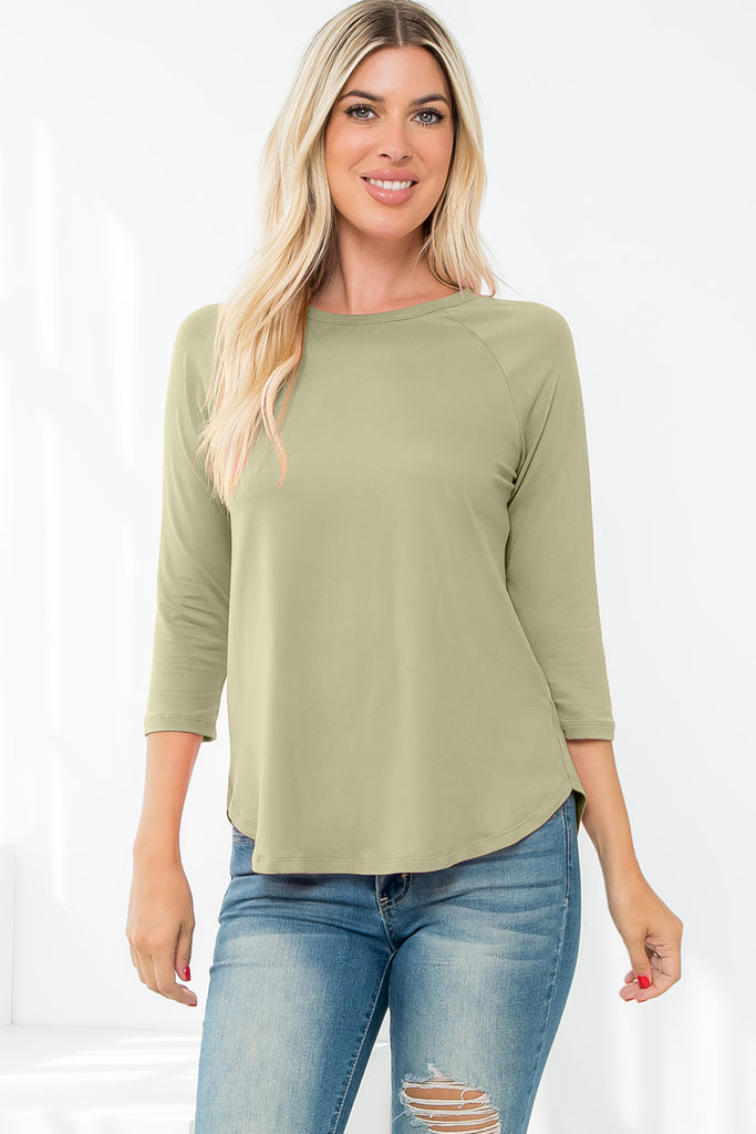 3/4 Sleeve Round Hem Solid Top