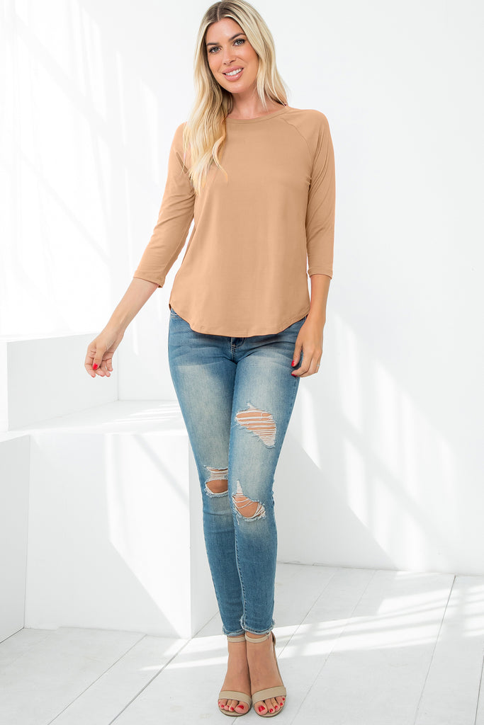 3/4 Sleeve Round Hem Solid Top