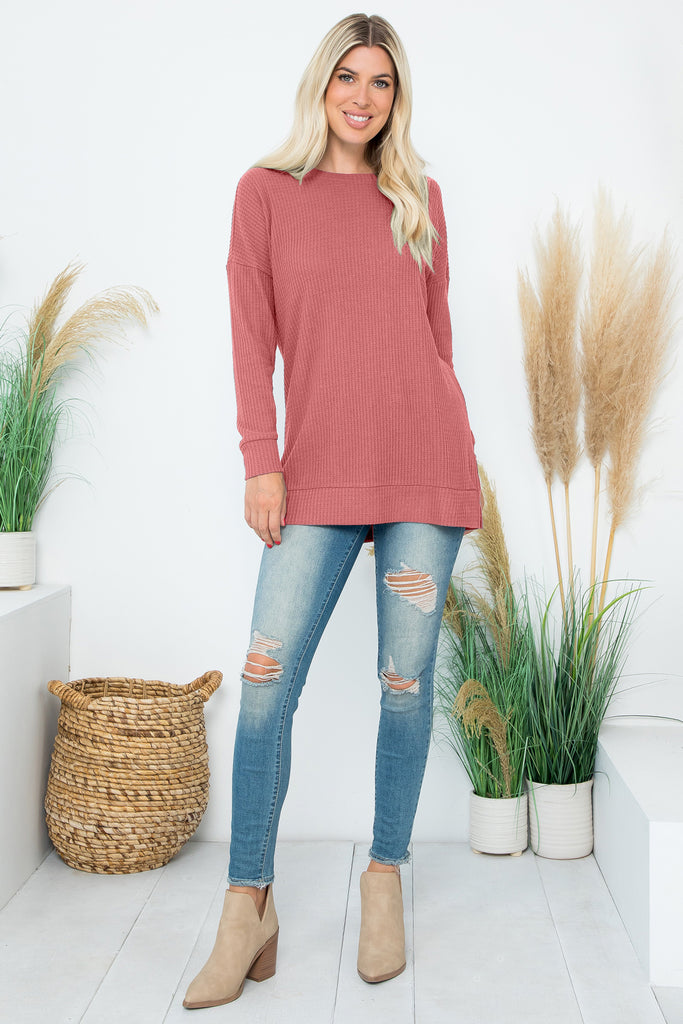 BRUSHED WAFFLE ROUND NECK SIDE SLIT SWEATER