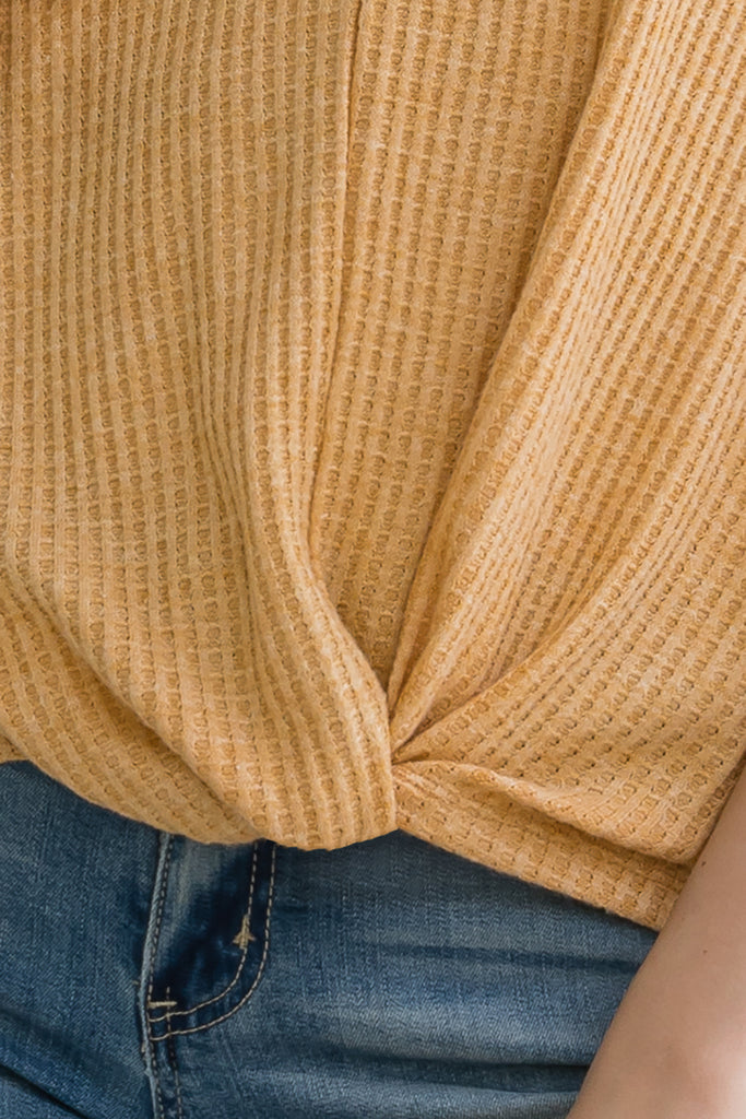 DOLMAN SHORT SLEEVE TWISTED HEM WAFFLE KNIT SOLID TOP