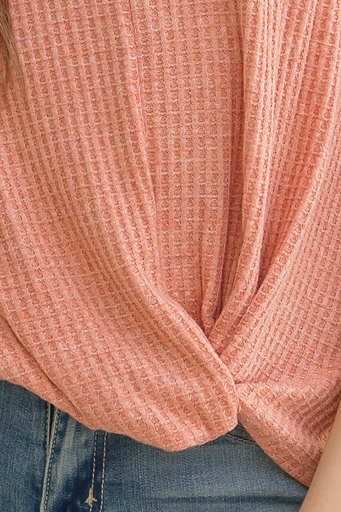 DOLMAN SHORT SLEEVE TWISTED HEM WAFFLE KNIT SOLID TOP