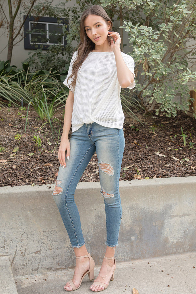 DOLMAN SHORT SLEEVE TWISTED HEM WAFFLE KNIT SOLID TOP