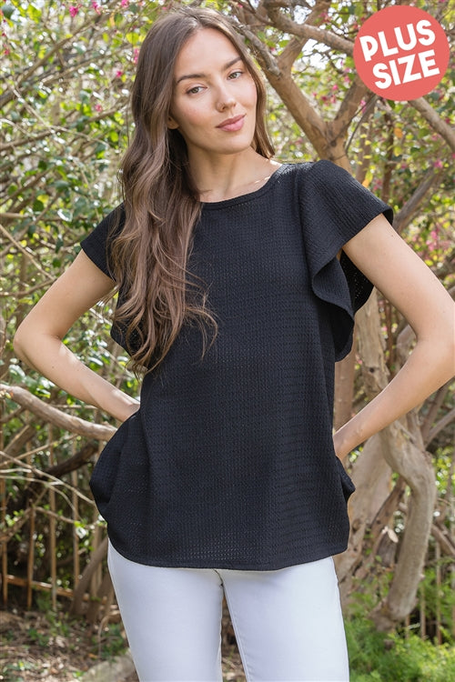 PLUS SIZE BUTTERFLY SLEEVE TEXTURED SOLID TOP