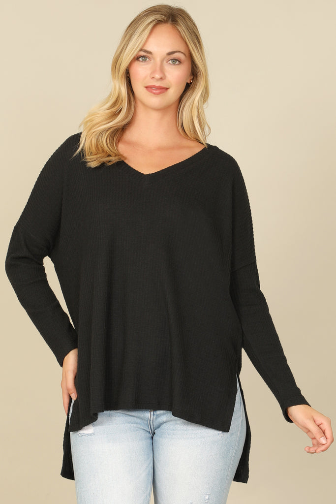 BRUSHED WAFFLE V-NECK LONG SLEEVE SIDE SLIT TOP