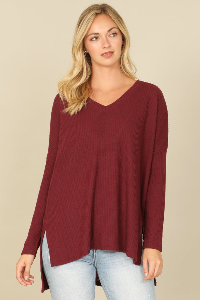 BRUSHED WAFFLE V-NECK LONG SLEEVE SIDE SLIT TOP