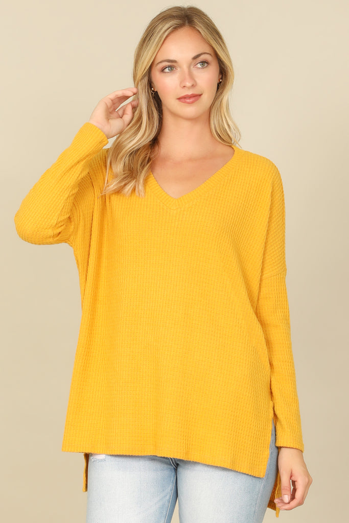 BRUSHED WAFFLE V-NECK LONG SLEEVE SIDE SLIT TOP