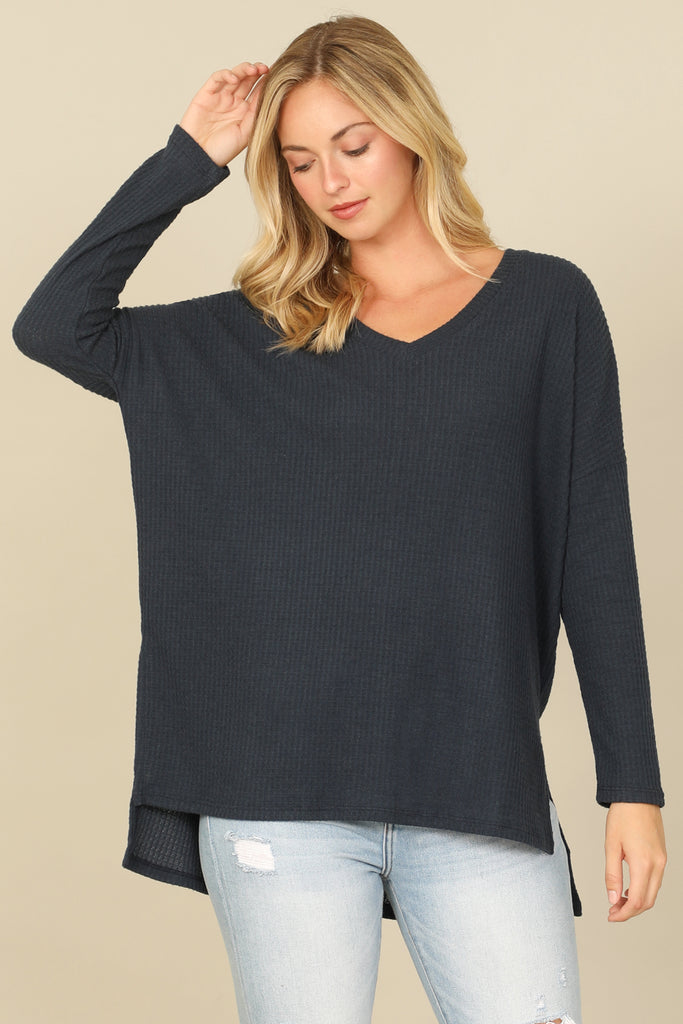 BRUSHED WAFFLE V-NECK LONG SLEEVE SIDE SLIT TOP