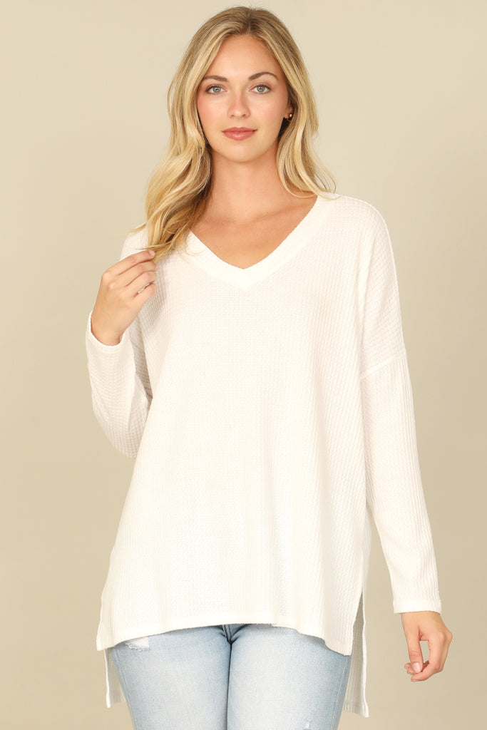 BRUSHED WAFFLE V-NECK LONG SLEEVE SIDE SLIT TOP