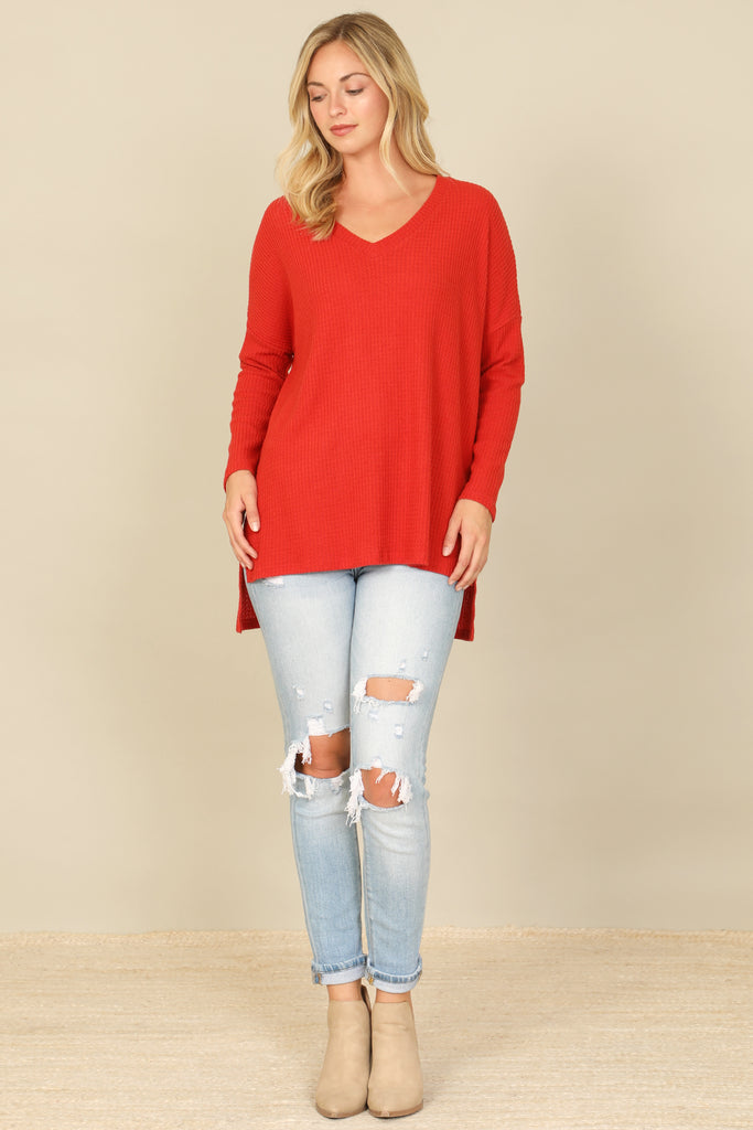 BRUSHED WAFFLE V-NECK LONG SLEEVE SIDE SLIT TOP