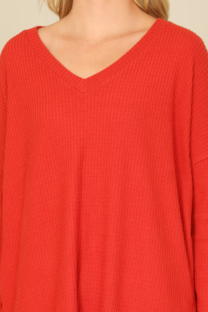 BRUSHED WAFFLE V-NECK LONG SLEEVE SIDE SLIT TOP