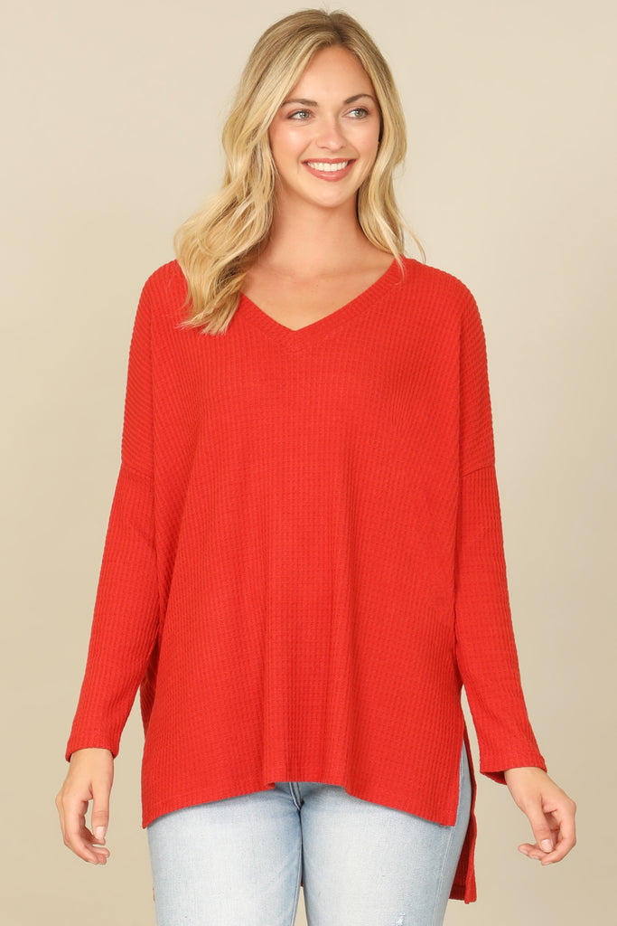 BRUSHED WAFFLE V-NECK LONG SLEEVE SIDE SLIT TOP