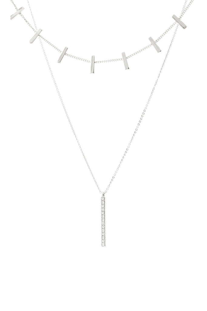 STATION BAR 2 LAYERED W/ RHINESTONE INLINE PENDANT NECKLACE