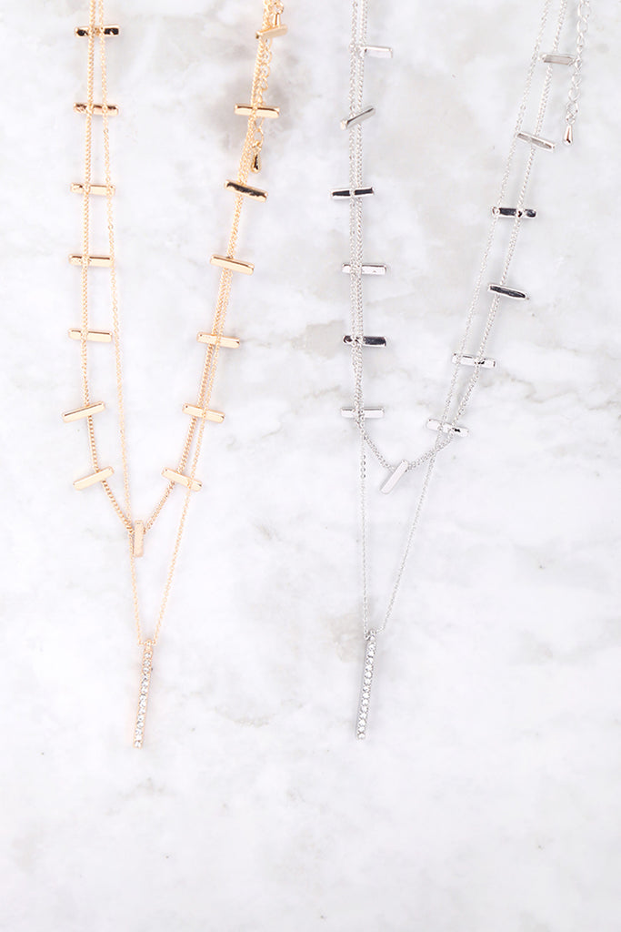 STATION BAR 2 LAYERED W/ RHINESTONE INLINE PENDANT NECKLACE
