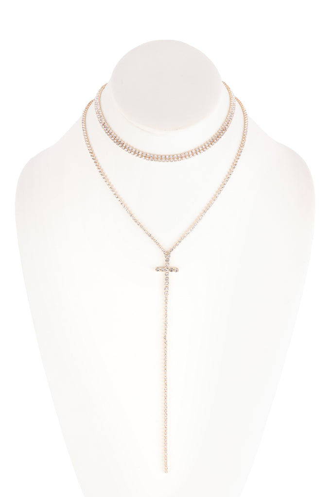 CROSS 2 LAYERED RHINESTONE NECKLACE