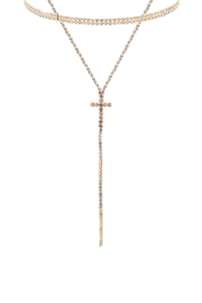 CROSS 2 LAYERED RHINESTONE NECKLACE