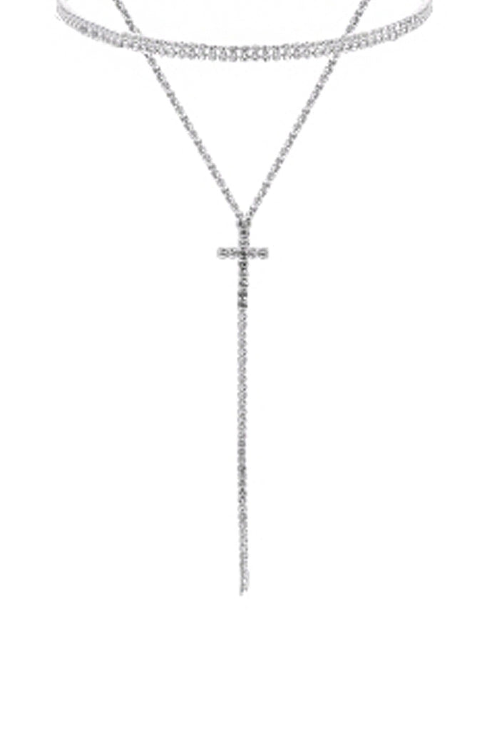 CROSS 2 LAYERED RHINESTONE NECKLACE