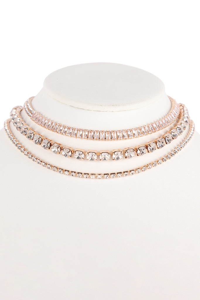 CUBIC ZIRCONIA & RHINESTONE BAGUETTE 3 LAYER CHOKER SET NECKLACE