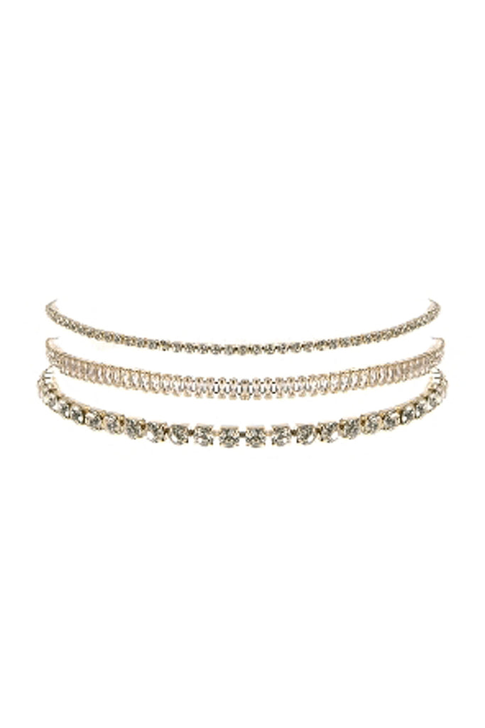 CUBIC ZIRCONIA & RHINESTONE BAGUETTE 3 LAYER CHOKER SET NECKLACE
