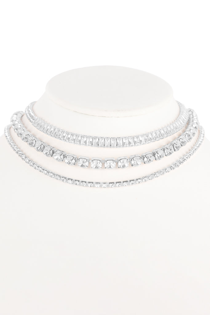CUBIC ZIRCONIA & RHINESTONE BAGUETTE 3 LAYER CHOKER SET NECKLACE
