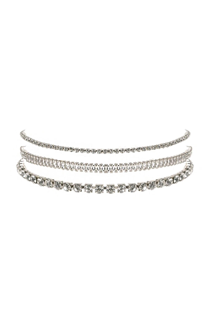 CUBIC ZIRCONIA & RHINESTONE BAGUETTE 3 LAYER CHOKER SET NECKLACE
