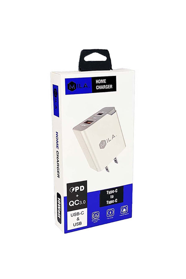 198610 - MILA|3.0A FAST CHARGE USB AND USB-C PORT HOME WALL CHARGER WITH TYPE C TO TYPE C CABLE