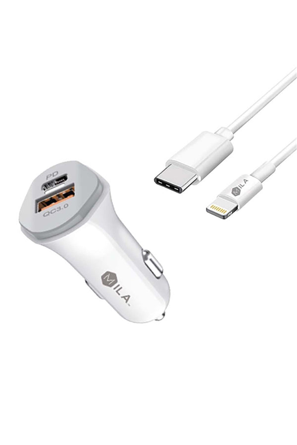 MILA|3.0A FAST CHARGE USB AND USB-C PORT CAR CHARGER WITH TYPE C TO LIGHTNING CABLE