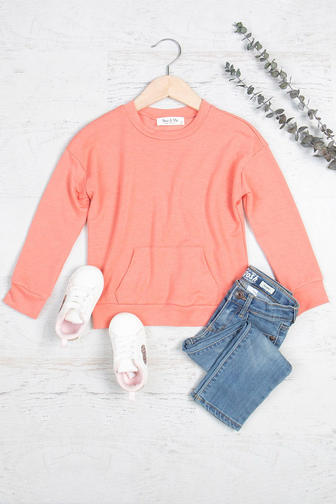Kids Solid French Terry Long Sleeve Top With Kangaroo Pocket