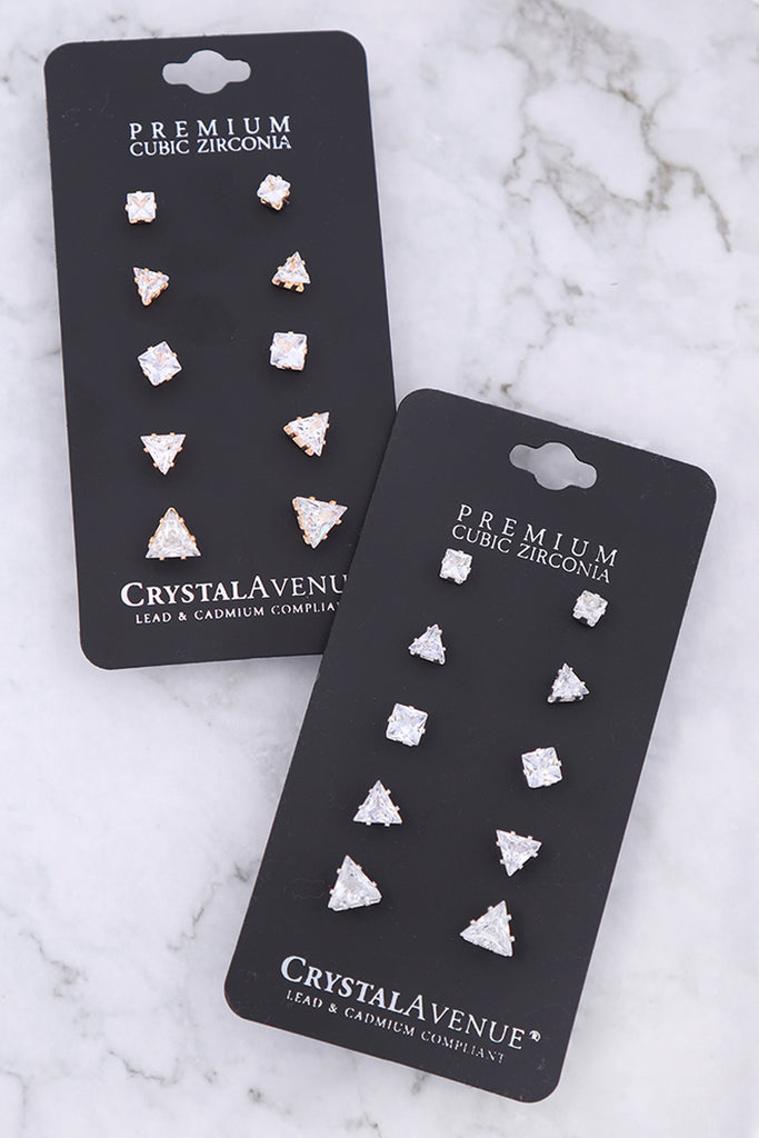CUBIC ZIRCONIA TRIANGLE 5 PAIR EARRINGS