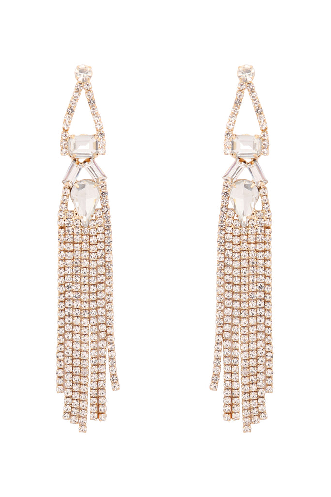 RHINESTONE GEO SHAPE FRINGE POST EARRINGS
