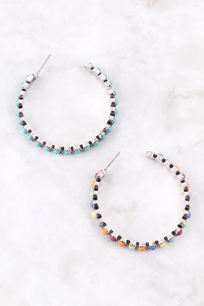 BURNISH SILVER HOOP NATURAL STONE HOOP EARRINGS