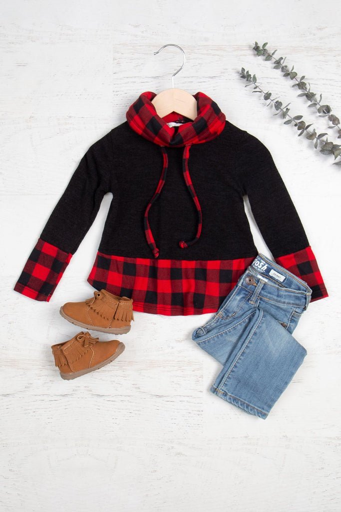 Kids Plaid Contrast Turtle Neckline Long Sleeve TOP