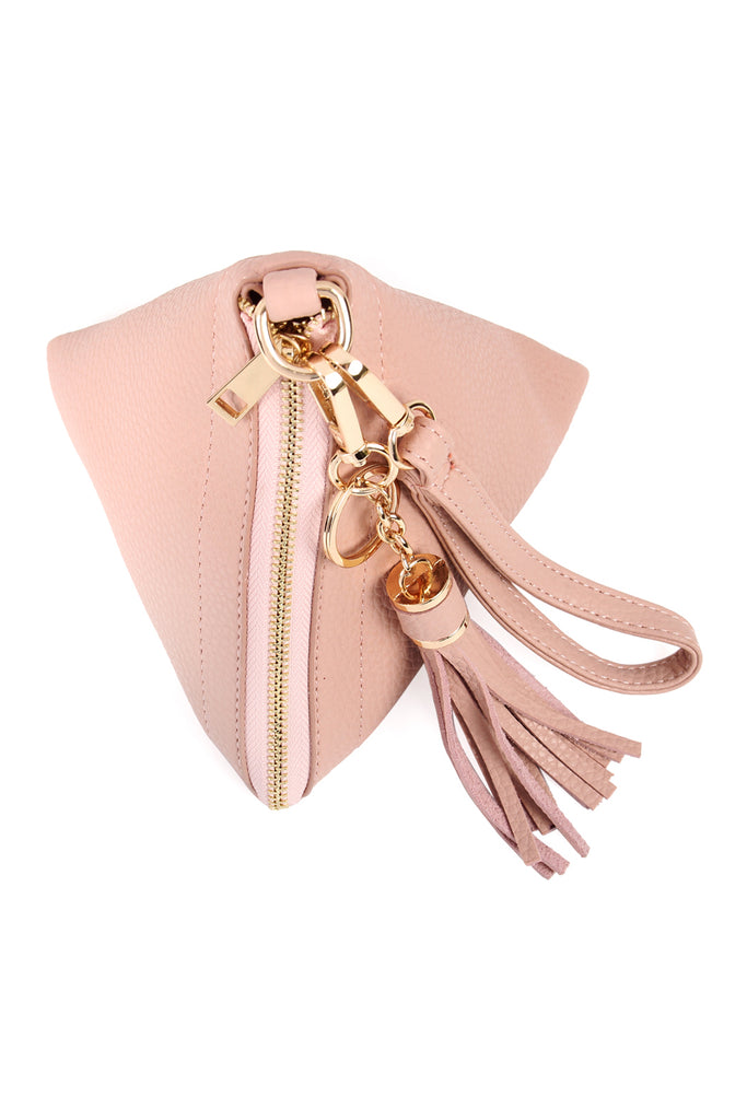 PYRAMID SHAPE TASSEL WRISTLET LEATHER BAG