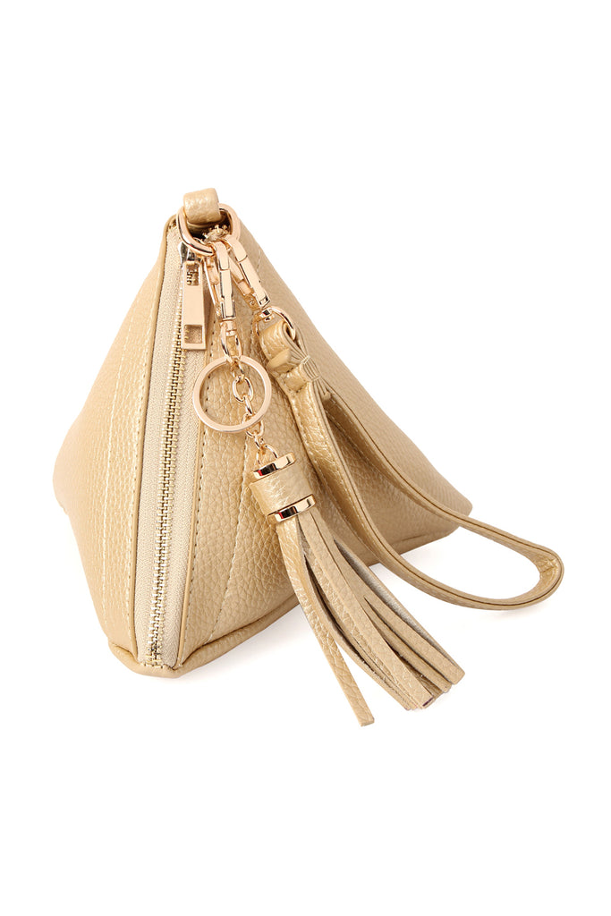 PYRAMID SHAPE TASSEL WRISTLET LEATHER BAG