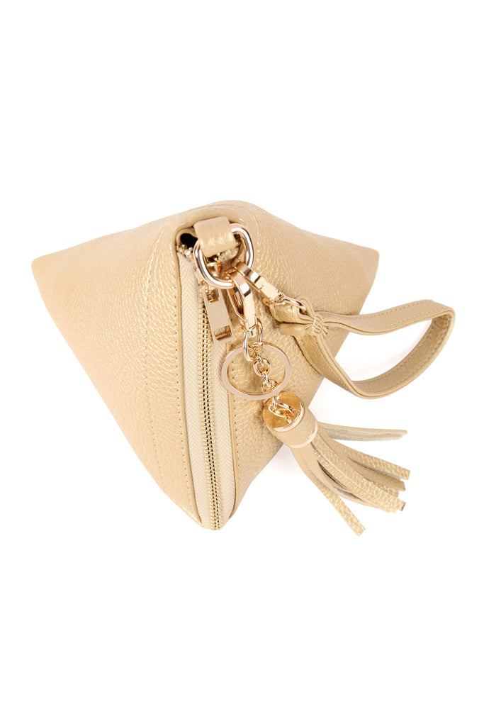 PYRAMID SHAPE TASSEL WRISTLET LEATHER BAG
