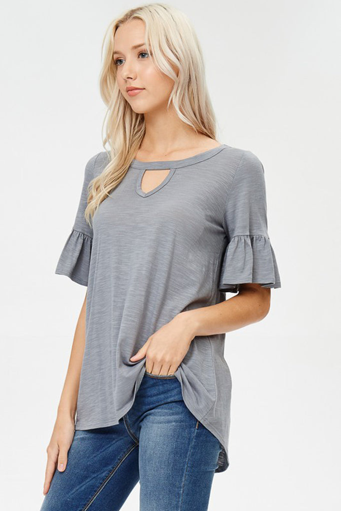 Front Keyhole Ruffle Sleeve Top