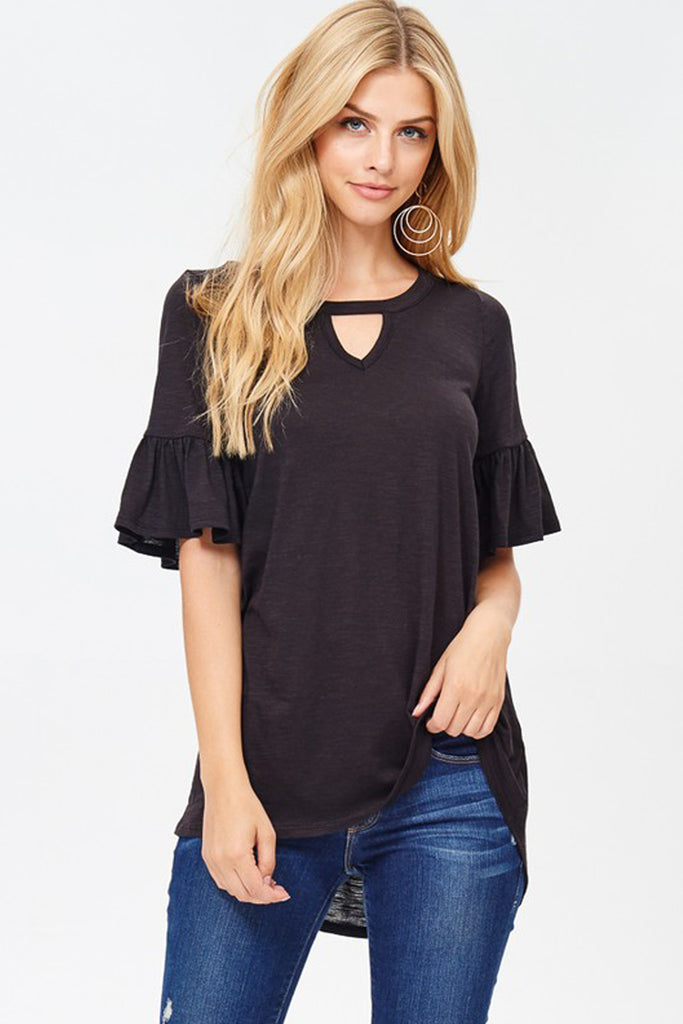 Front Keyhole Ruffle Sleeve Top