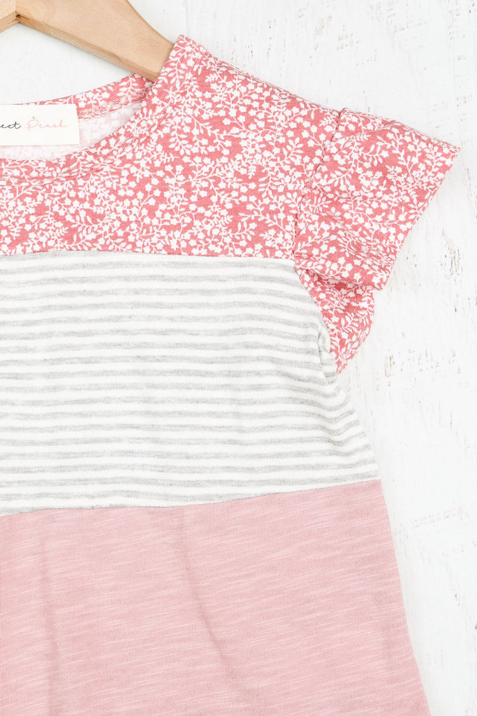 Kids Stripe Slub Contrast Floral Ornament Top