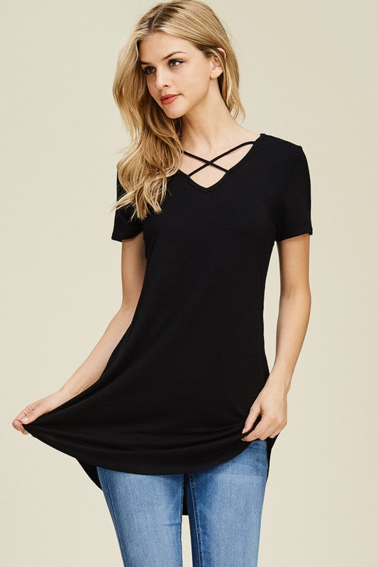 Short Sleeve Criss Cross Tunic - Riah Fashion