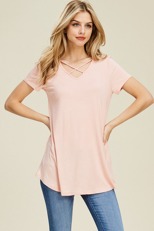 Short Sleeve Criss Cross Tunic - Riah Fashion