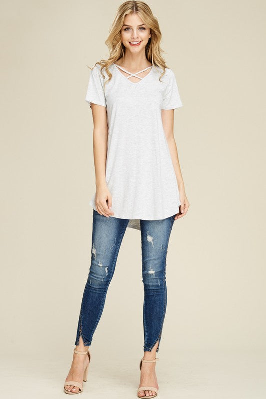 Short Sleeve Criss Cross Tunic - Riah Fashion
