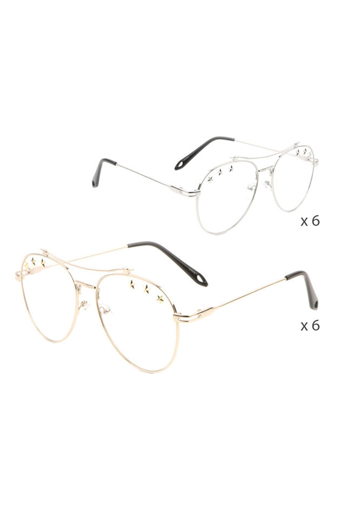 AV-1589-CLR - STAR STUDDED CLEAR LENS AVIATOR GLASSES - Riah Fashion