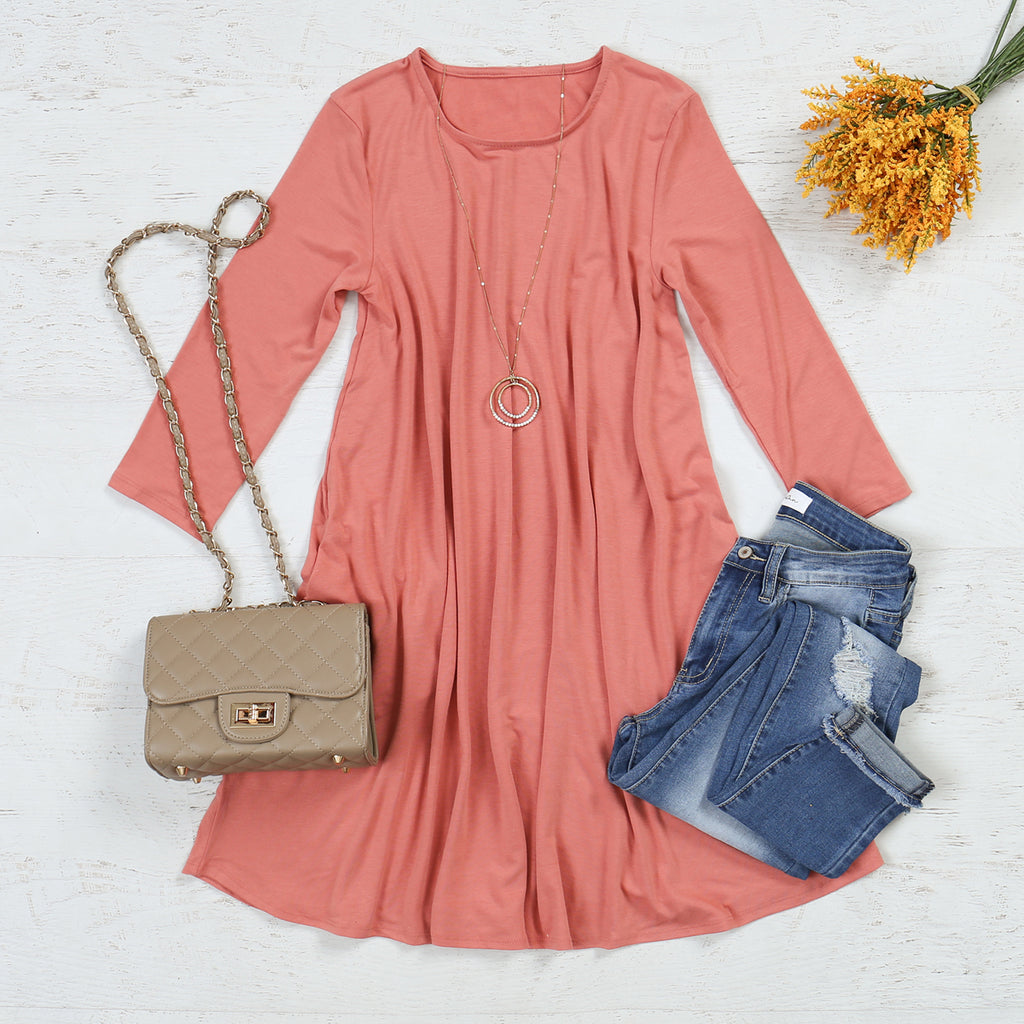Premium 3/4 Sleeve Swing Pocket Tunic Dress