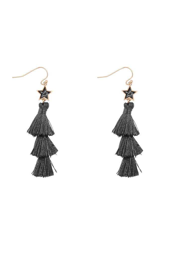2“ STAR SHAPE FAUX DRUZY WITH TRIPLE MINI TASSEL HOOK EARRINGS